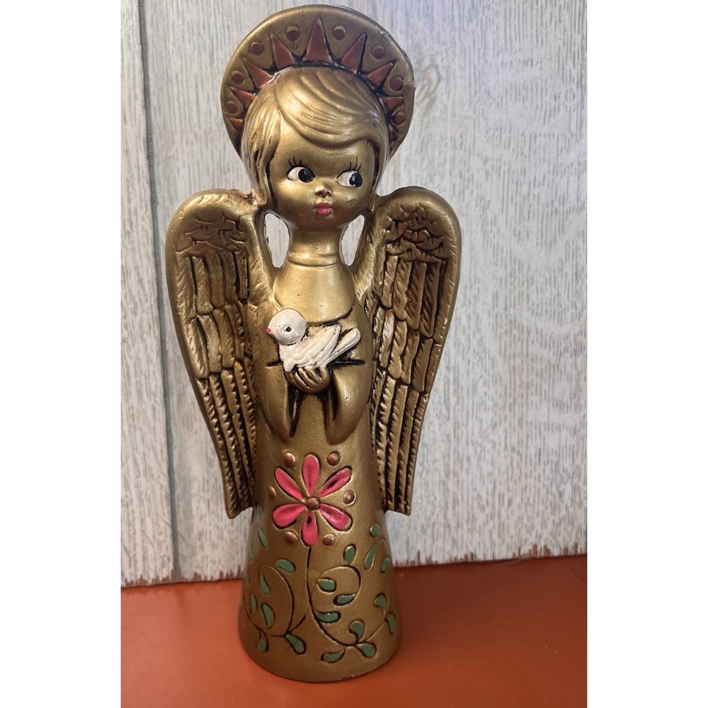 Vintage Holt Howard Gold Christmas Angel 10" MCM Pink Flower Dove Paper Mache